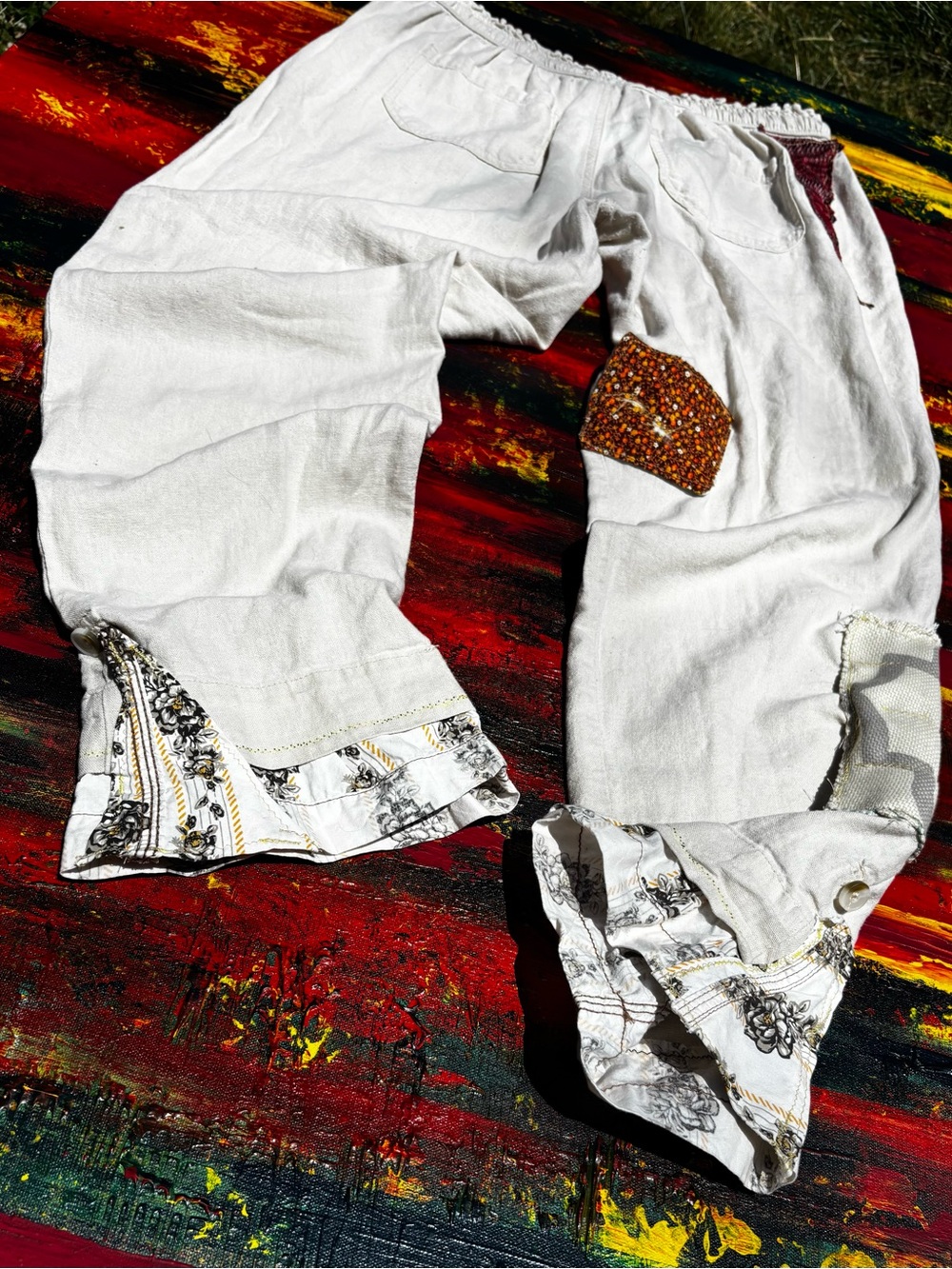 Reworked Linen Pants with Embroidered Cuff and Custom Embelishments